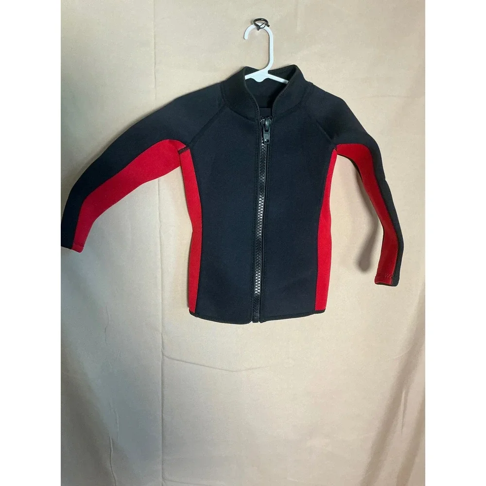 REALON Wetsuit Top Kids Size 4 Black Red Excellent 3mm Neoprene Front Zip Jacket